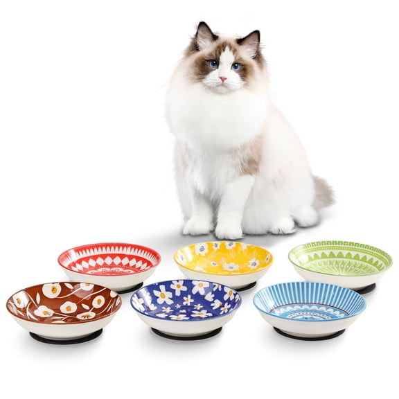 Ceramic Cat Bowls Cat Dishes - Fairy Tales Colorful Cat Bowl Set of 6 - Cat Feeding Bowls with Non Slip Mat - 5.75" Shallow Cat Food Plate Whisker Friendly - Microwave Dishwasher Safe - 8.5 oz