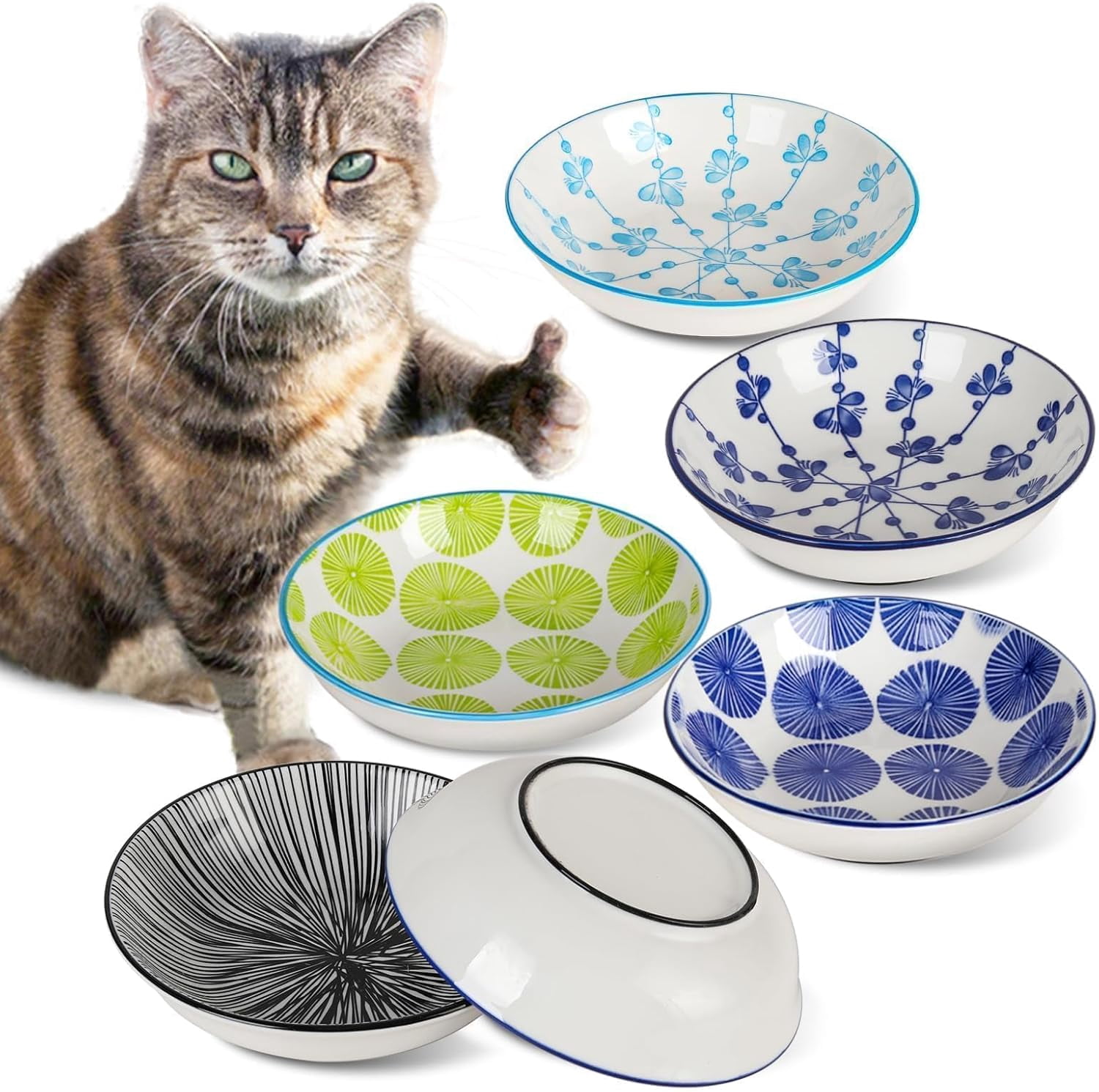 Ceramic Cat Bowls with Non-Slip Silicone Bottom,6 Pack Cat Food Bowl,Anti Whisker Fatigue Cats Dishes for Indoor Cats,Healthy Ceramic Kitten Plates for Daily Feeding Gift Choice (Classic)