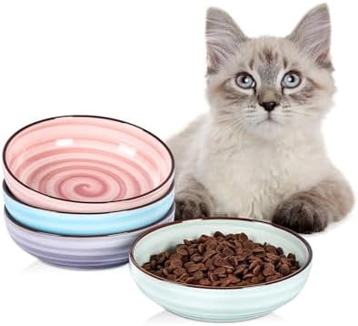 Ceramic Cat Bowls Set of 4, Cat Food Bowl Whisker Friendly, 5.6 Inch Shallow Wide Kitten Plates for Food and Water, Dishwasher Safe, Gradient Colors