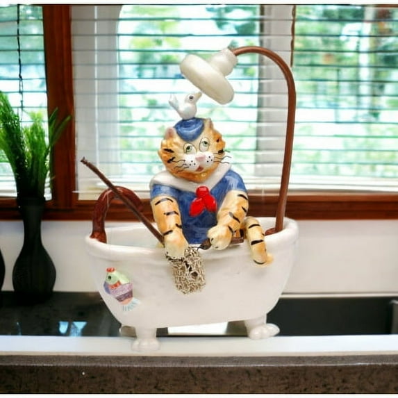 Ceramic Cat Cleaning Bathtub Figurine 7.1in Gift for Cat