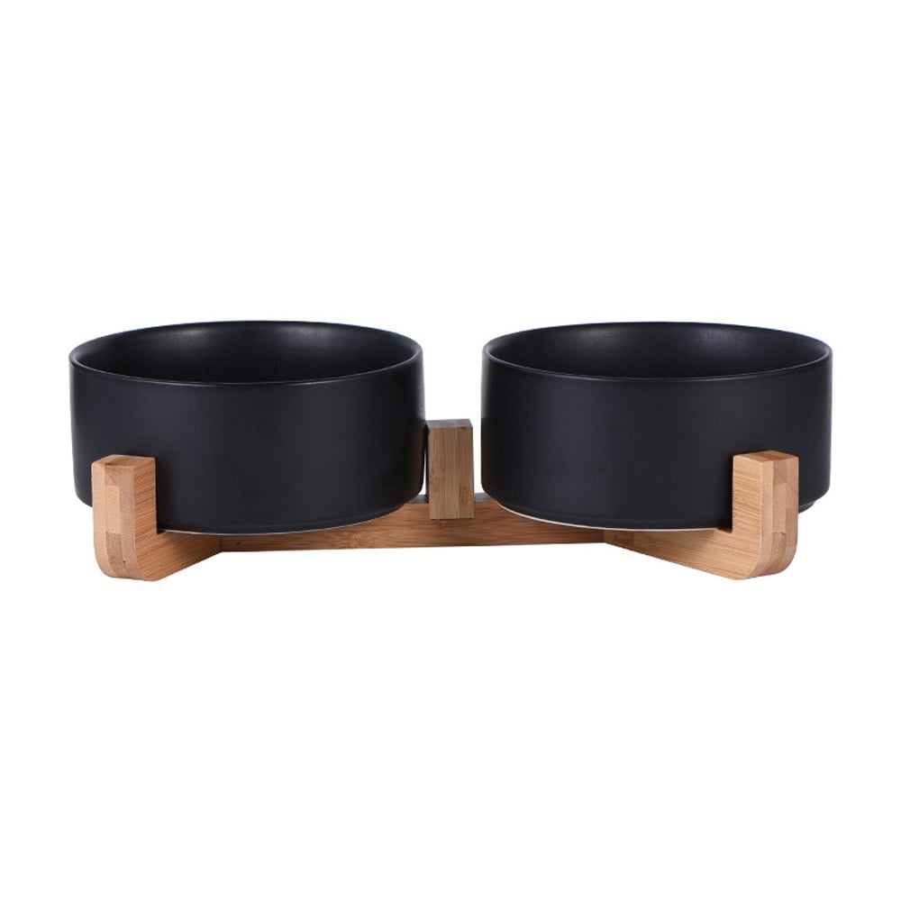 Ceramic Cat Dog Bowl Dish with Wood Stand No Spill Pet Food Water ...