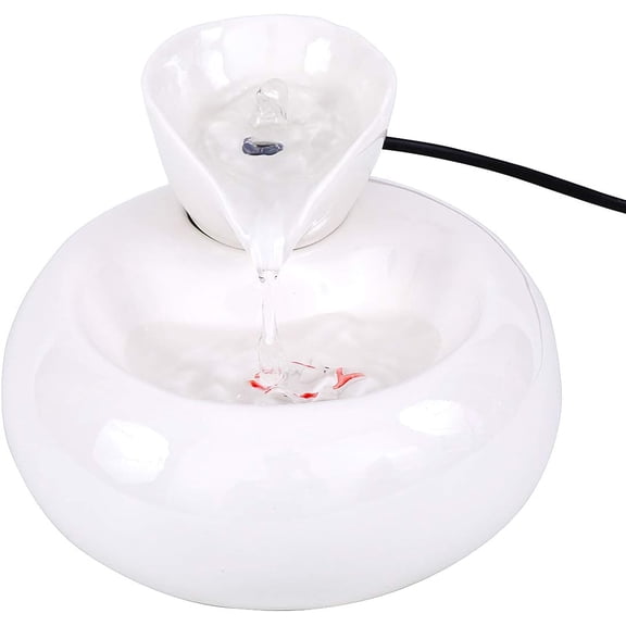 Ceramic Cat Drinking Water Fountain, 1.3 Liters Pet Water Fountains for Cats and Dogs, Electric Pet Water Dispenser with Quiet Pump and 5 Replacement Filters - White Leaf Style