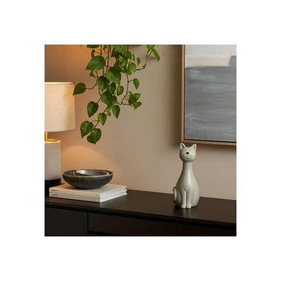 Ceramic Cat Figurine - Handcrafted Decorative Statue - Casual Home Accent for Living Room, Bedroom, Office - 9" Gray