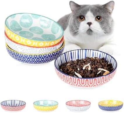Ceramic Cat Food Bowl Set of 4, 5.6 Inch Wide Shallow Cat Bowls/Dishes for Food and Water, Assorted Colors