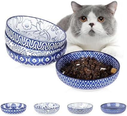 Ceramic Cat Food Bowl Set of 4, 5.6 Inch Wide Shallow Cat Bowls/Dishes for Food and Water, Vintage Blue