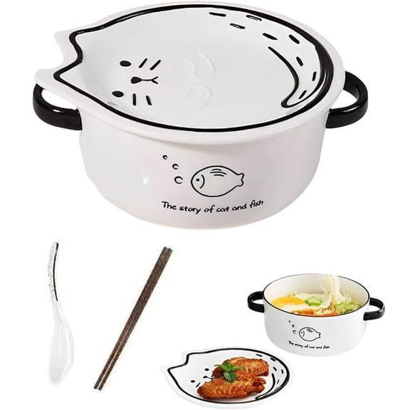 Ceramic Cat Mug with Plate Lid, Cute Meal Mug Bowl for Soup Noodles Cereal, Kawaii Breakfast Cup for Office Home Decor, Microwave Safe Large Handle for Cat Lovers(Q)