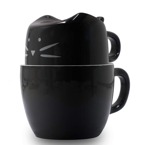 EPFamily Black Cat Stackable Ceramic Mug Set 11oz Coffee Cup & 6oz Tea Bowl, Lead-Free Microwave Dishwasher Safe Novelty Coffee Decor Gift for Cat Lovers Home Office