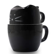 EPFamily Black Cat Stackable Ceramic Mug Set 11oz Coffee Cup & 6oz Tea Bowl, Novelty Coffee Decor Gift for Cat Lovers Home Office