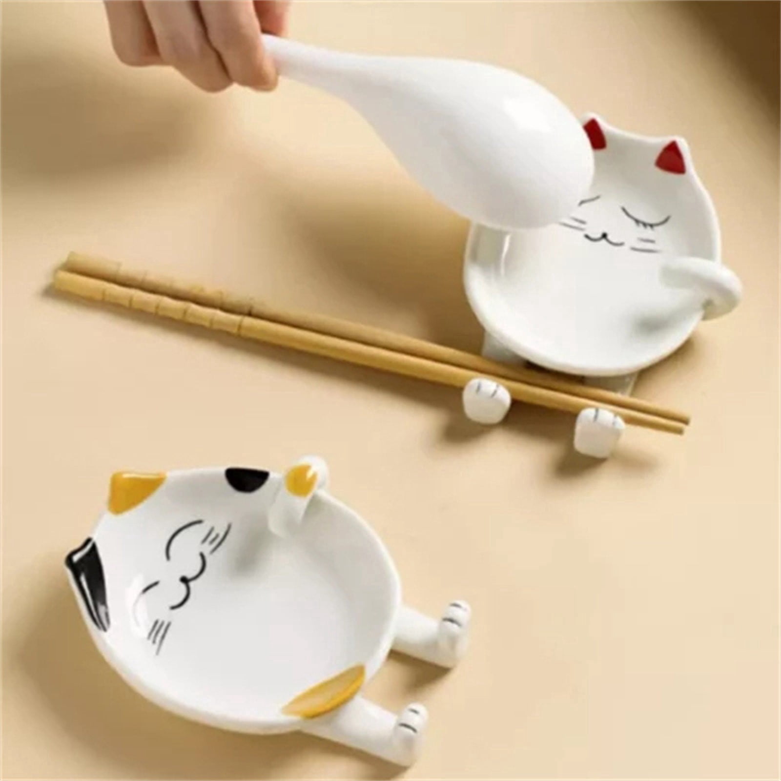 Ceramic Cat Spoon Rest for Stove Top, White and Yellow Utensil Holder ...