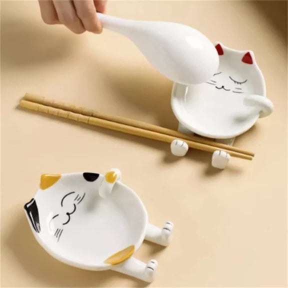Ceramic Cat Spoon Rest for Stove Top, White and Yellow Utensil Holder for Spatula and Pot Lid, Heat Resistant Porcelain Rack for Home Kitchen Countertop