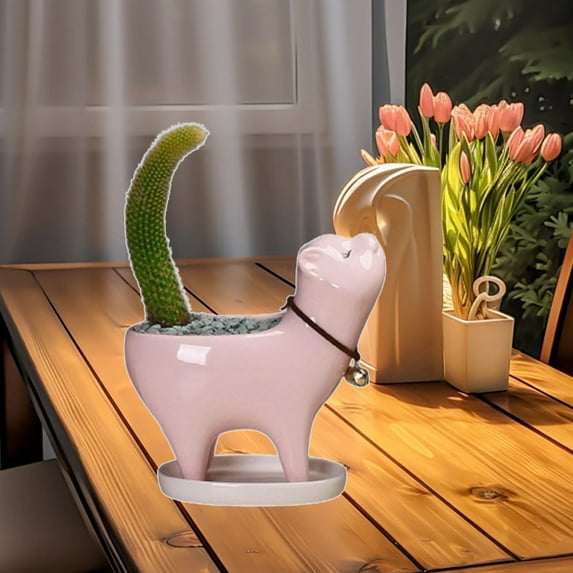 Ceramic Cat Tail Succulent Planter - 5.2 Inch Decorative Flower Pot with Cute Cartoon Design - Modern Indoor Plant Container for Home Office - Pink White Blue Colors Available - Geometric Diamond