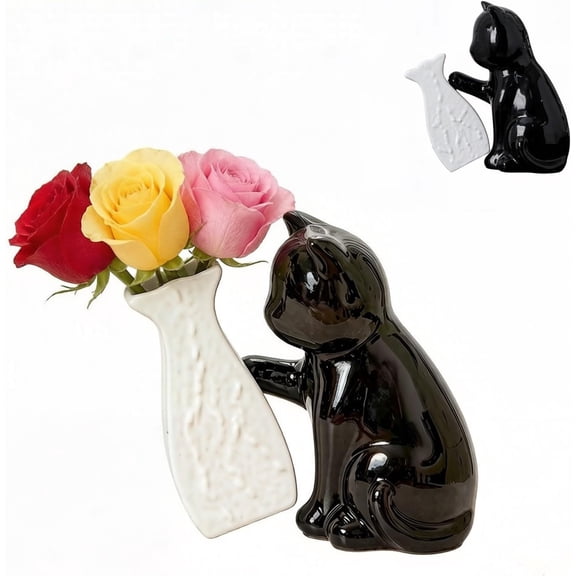 Ceramic Cat Vase for Flowers, Black | Cat Figurines Shaped, Kitten Planter, Home Office Decor Gift for Cat Lovers, Novelty Animal Design