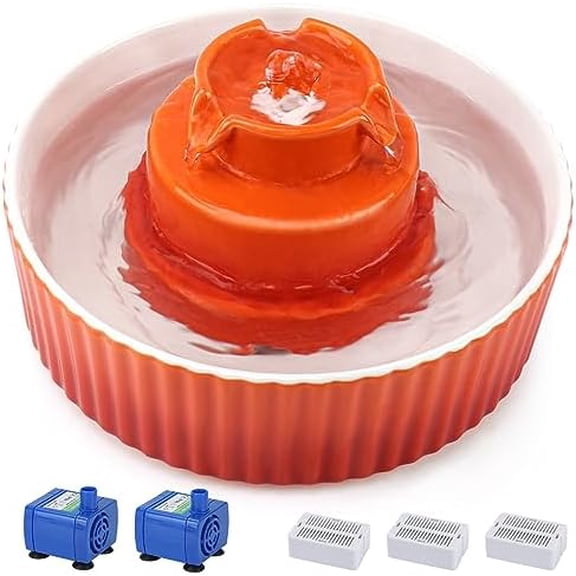 Ceramic Cat Water Fountain, 2.1L/71oz Cat Fountain with 3 Carbon Filters and 2 Water Pumps, Cupcake Pet Water Fountain for Cats and Dogs (Orange)