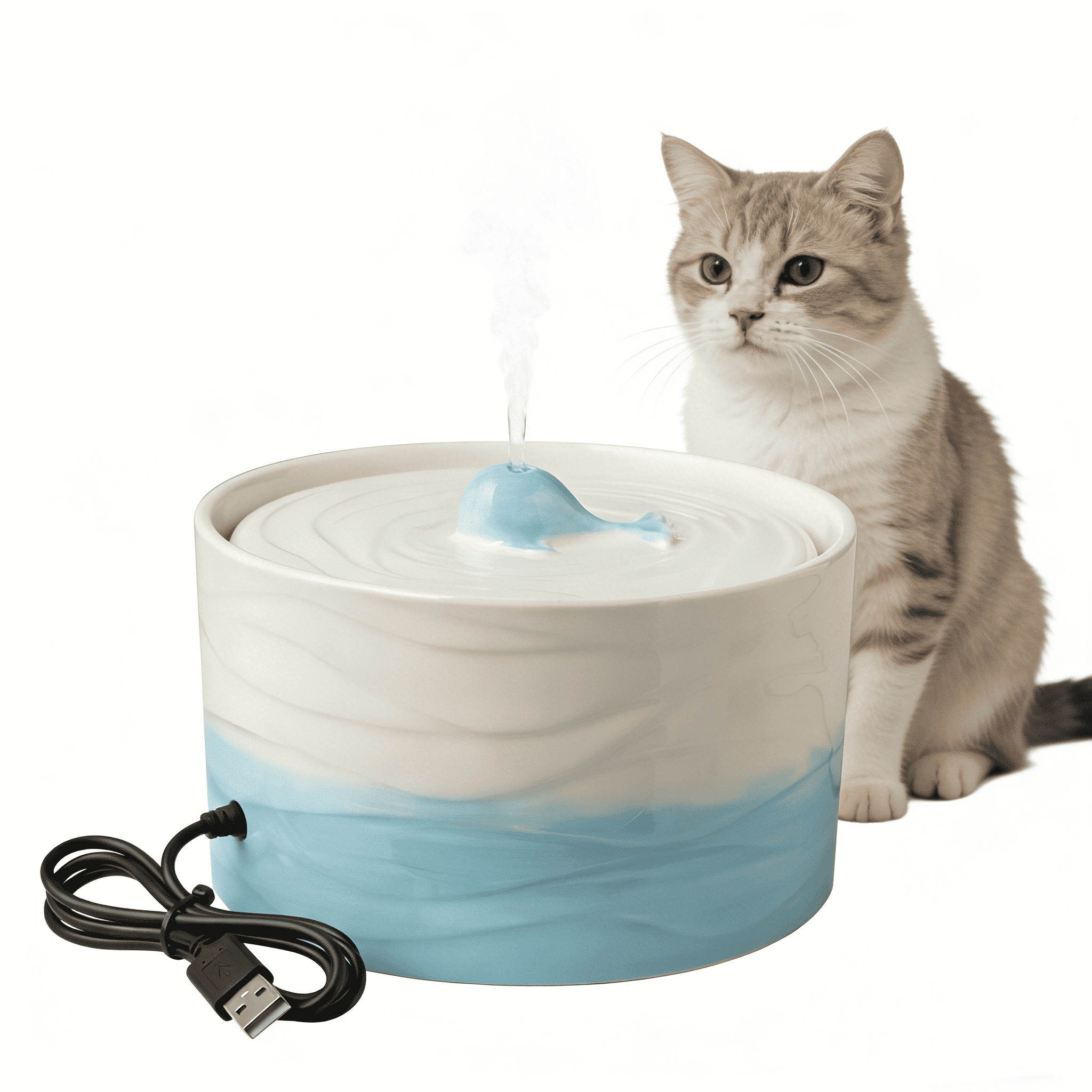 Ceramic Cat Water Fountain - Blue White Gradient 1300ml (45oz) Large Capacity Whale Design Pet Water Dispenser with Filter Automatic Circulation Quiet Pump for Cats and Small Dogs