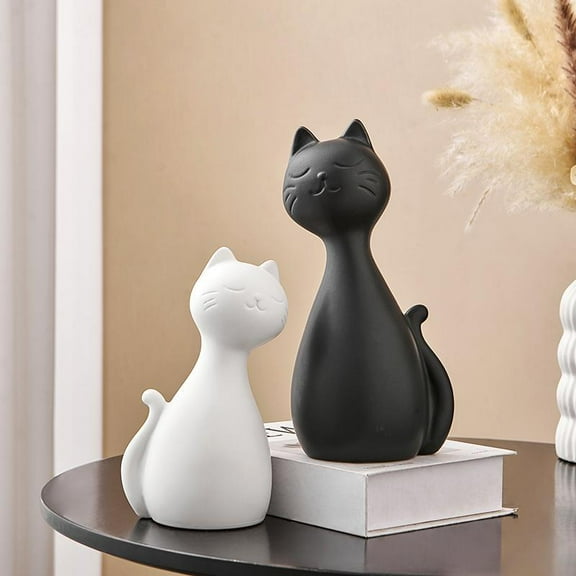 Ceramic Cats Figurines Set of 2, Cat Statues Indoor Easter Decorations for Spring Home Decor