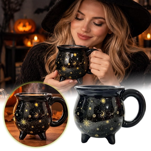 Ceramic Cauldron Mug Sun Moon Star Space Pattern Coffee Cup Novelty Decorative Drinking Cup