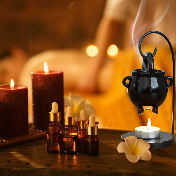 Ceramic Cauldron Oil Diffuser, Hanging Wax Melter, Aroma Lamp for Scented Oils & Wax Melts – Halloween, Wedding, Party Decor with Iron Stand, 10X10X20Cm