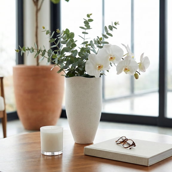 Textured Ceramic Vase for Living Room Decor - Coastal Home Decor Accent for Dining Room and Console Table - Decorative Flower Vase for Bedroom, House Styling, and Office - 15", White