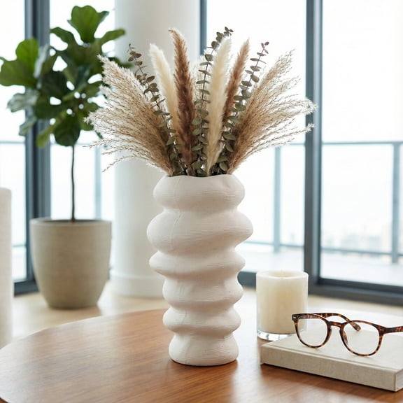 Wavy Stacked Vase for Living Room Decor - Ceramic Flower Vase for Home, Bedroom, House, and Office Table Centerpiece Decor - Modern Stoneware Hand Scribed Accent for Mantel and Console - 12", White