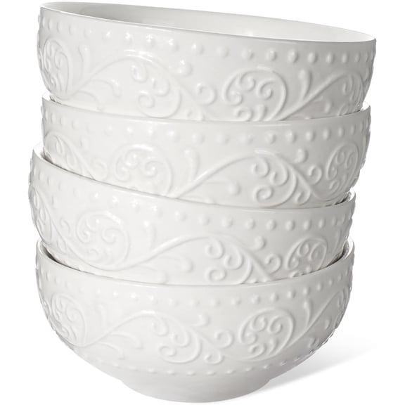 Ceramic Cereal Bowls 26 oz, Embossment Soup Bowls Set of 4, White Salad Bowl for Kitchen, Dinner, Breakfast, Oatmeal, Rice, Pasta, Dishwasher Microwave Safe, 6 inch (Lianas)