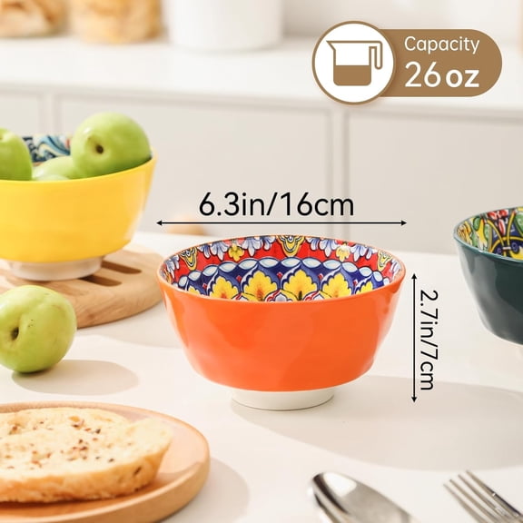 Ceramic Cereal Bowls 6.3in Set of 6 - 26oz,  Microwave & Dishwasher Safe Bowls for Salad, Oatmeal, Dessert, Pasta, Soup, Ice Cream