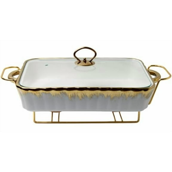 Ceramic Chafing Dish 12"x9" Chafer Buffet Catering Restaurant Water Pan Fuel Holder Large Size Gold Metal Base Legs