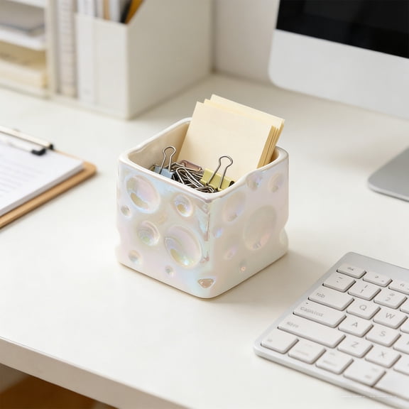 Ceramic Cheese Shaped Storage Jar Pen Holder Desktop Organizer Cosmetic Container White