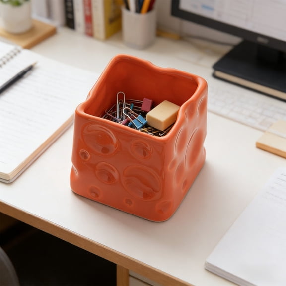 Ceramic Cheese Storage Jar | Cute Cheese Shape Desktop Organizer | Premium Glossy Ceramic Pen Holder, Cosmetic Storage, 8cm x 8cm | Vibrant Colors, Design for Desk, Office, Dresser