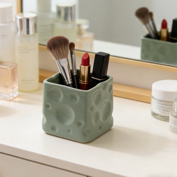 Ceramic Cheese Storage Jar, Cute Desktop Organizer Container for Pens, Makeup Tools, , Multi-Purpose Cosmetic and Accessory Holder for Home Office Dorm, 8cm x 8cm