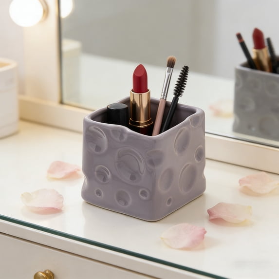 Ceramic Cheese Storage Jar, Cute Desktop Organizer Container for Pens, Makeup Tools, , Multi-Purpose Cosmetic and Accessory Holder for Home Office Dorm, 8cm x 8cm