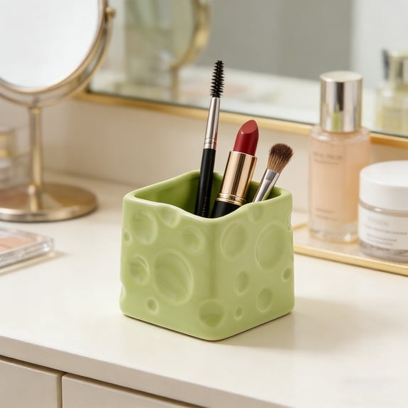 Ceramic Cheese Storage Jar, Cute Desktop Organizer Container for Pens, Makeup Tools, , Multi-Purpose Cosmetic and Accessory Holder for Home Office Dorm, 8cm x 8cm