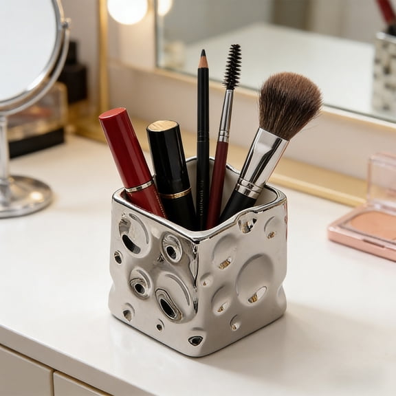Ceramic Cheese Storage Jar, High-Desktop Organizer for Pens & Cosmetics, Decorative Pen Holder & Makeup Brush Stand, Silver