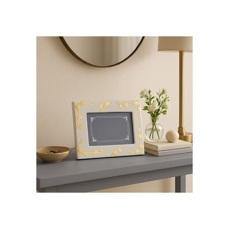 Decorative Cherry Blossom Picture Frame - Modern Porcelain Photo Frame for Tabletop Accent, Living Room Decor, or Office Desk - Stylish Frame for Bedroom or Home Decor Accent - 7", White & Gold