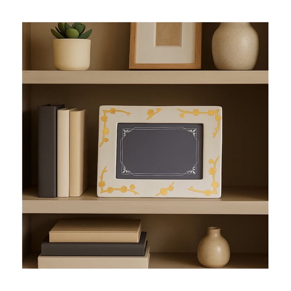 Decorative Cherry Blossom Picture Frame - Modern Porcelain Photo Frame for Tabletop Accent, Living Room Decor, or Office Desk - Stylish Frame for Bedroom or Home Decor Accent - 8", White & Gold