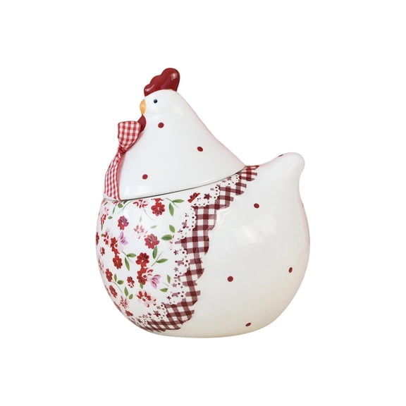 Ceramic Chicken Candy Jar Easter Decorations, Handcrafted Candy Can with Floral & Gingham Accents Spring Decor for Candy, Dried Fruits