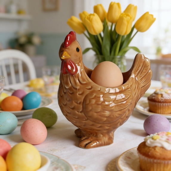 Ceramic Chicken-Shape Egg Cup, Single Egg Holder - Tableware for Home Kitchen Decoration, Tabletop Display - Farmhouse Decoration (1PC, Brown)