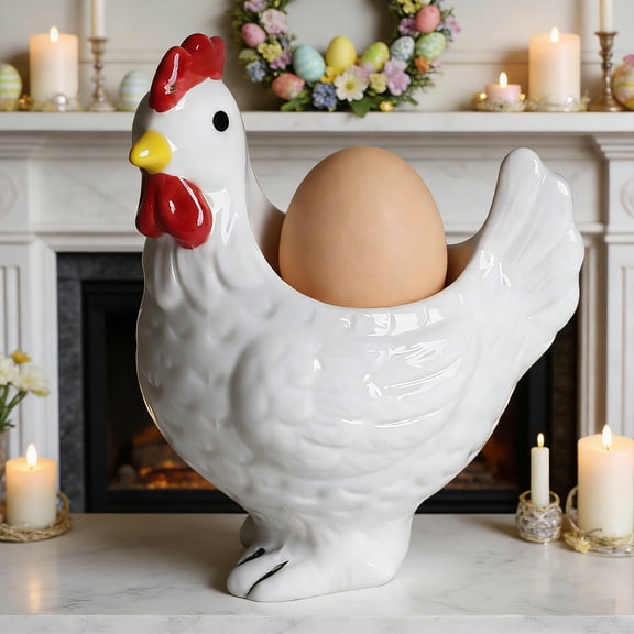 Ceramic Chicken Shaped Egg Holders, Adorable Easter Theme Tabletop Decor, Easter Decor, Functional Home Decorative Ornament, Festive Spring Accent for Holiday Table Setting, 3.5*2.5*4.3in, White