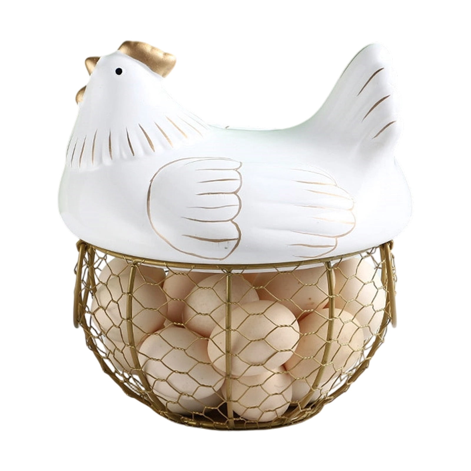 Ceramic Chicken Storage Basket with Metal Wire Hen Egg Holder, Creative ...