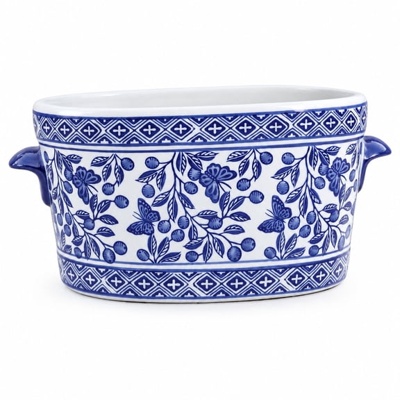 Ceramic Chinoiserie Planter, Oval Cachepot Vase with Floral Patterns, 14 x 7.7 x 6.1 inches, Blue and White, for Succulents and Flowers