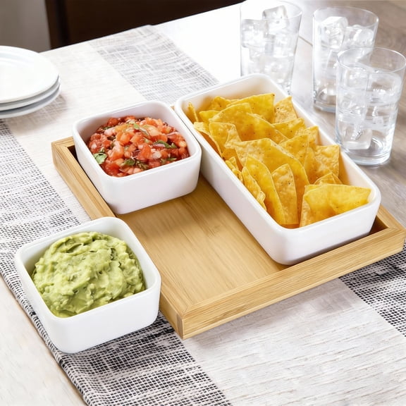 GARITIN Chip and Dip Serving Bowl Set with Acacia Wood Tray, Ceramic Appetizer Bowls for Nachos, Salsa, Nuts, Party, Entertaining, Housewarming Gift