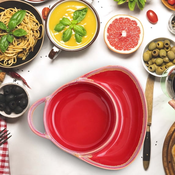 Ceramic Chip and Dip Divided Bowls - Soup and Side Bowl Set for Salsa, Cereal, Bread Dipping - 8 Inch Serving Plates for Salad, Breakfast, Sandwich - Dishwasher Safe