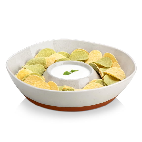 Ceramic Chip & Dip Serving Set Khaki Gray 12 Inch Divided Platter for Salsa Veggies Appetizers Snacks