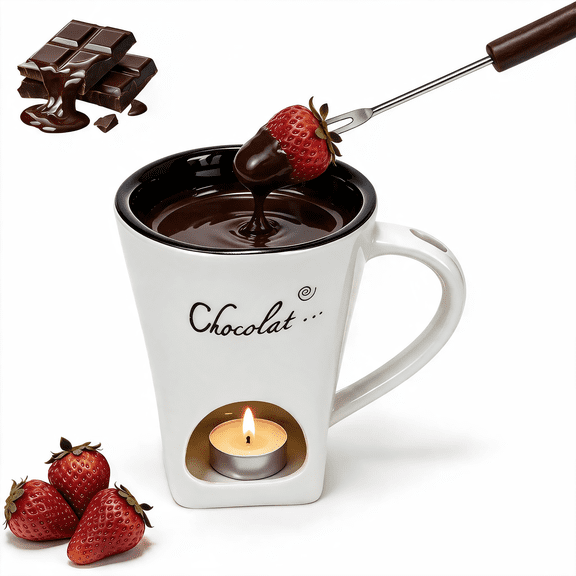 Ceramic Chocolate Fondue Mug Set with Fork, Personal Cheese Butter Melting Cup for Strawberries（1Pcs）