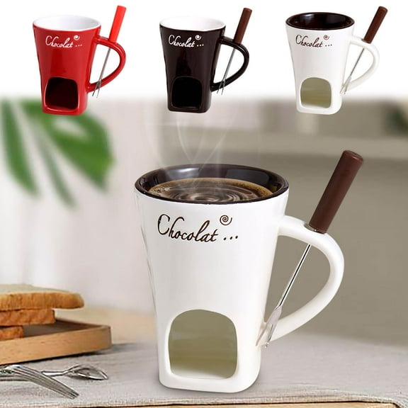 Ceramic Chocolate Fondue Pot with Candle Heating, Classic European Style Cheese Melting Furnace, Portable Fondue Cup for Ice Cream/Cheese/Chocolate, Dessert Maker with Easter Gifts, 4*3in, White