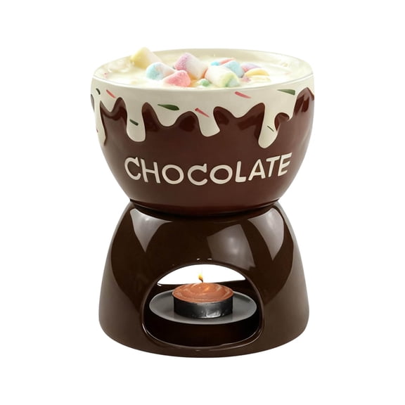 Ceramic Chocolate Fondue Pot for Cheese Butter Melting, Dinner Appetizer Self-Heating Fondue, Chocolate Fondue Mug for Sauce Candy Caramel Bread Melting, Strawberry Design Fondue Cup for Party, Brown