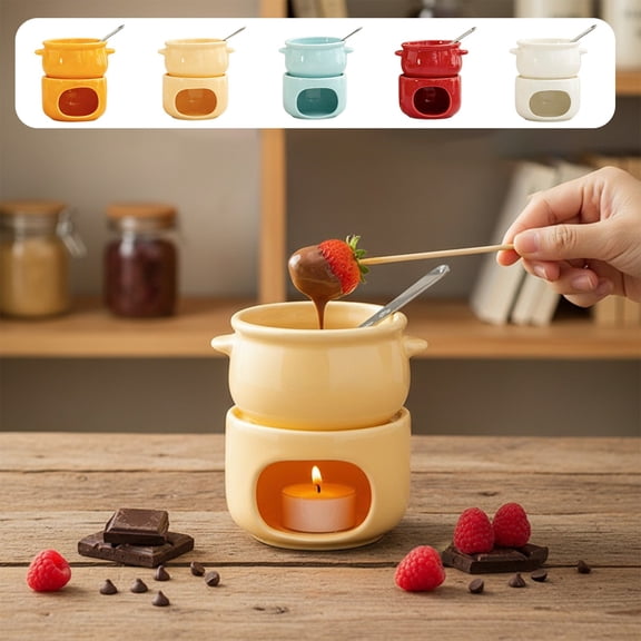 Ceramic Chocolate Fondue Pot Set with Forks - Heatproof Melting Bowl for Ice Cream, Cheese, Dessert Dipping, Home Kitchen Use, Family Gathering and Party Dessert Serving Time, 4*4in, Orange