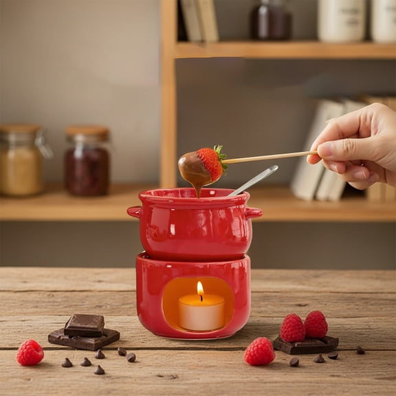 Ceramic Chocolate Fondue Pot Set with Burner & Forks | Heatproof Melting Bowl for Ice Cream, Cheese & Desserts | Home Kitchen Appliance