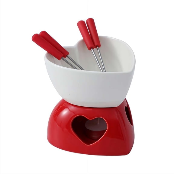 Ceramic Chocolate Heart-Shaped Fondue Cup， Heart Fondue Pot Set Ceramic Fondue Mug with 2 Forks Personal Fondue Mugs Melting Pot for Cheese Butter Suitable for Valentines Day Home Wedding