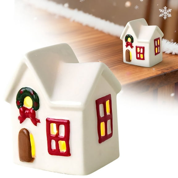 Ceramic Christmas Candle Holder, Snowy Cottage Tabletop Decor with Tea Light for Holiday Village Display