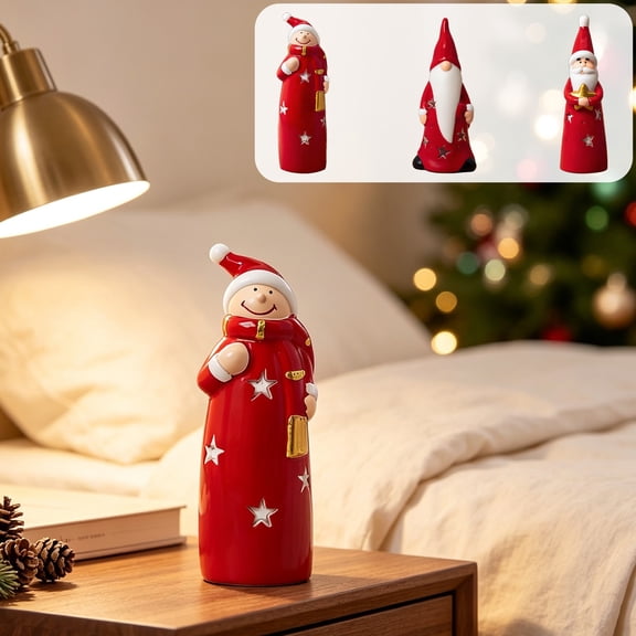 Ceramic Christmas Figurine,5.91x1.91in Santa Gnome Snowman Tabletop Decor, Hollow Star Cut‑out Holiday Sculpture for Home Mantel Shelf Ornament